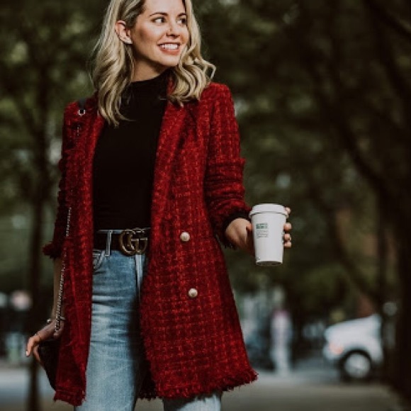 zara red tweed blazer
